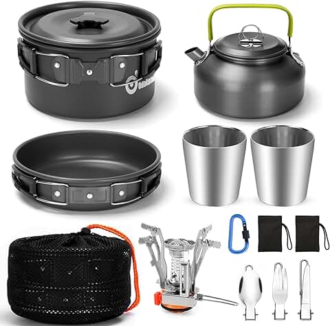 Odoland Kit de Utensilios Cocina Camping para 1-2 Personas con Ollas y Sartén de Aluminio Hervidor Tazas Cubiertos Plegable para Acampada, Cacerolas de Acampada de Camping y Viaje