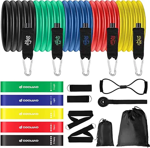 Odoland Set Bandas Elasticas de Fitness con 5 Bandas Elásticas de Resistencia, Loop Band, Asas, Correas de Tobillo, Anclaje para Puerta y Guía, Kit de Entrenamiento para Fitness Yoga Pilates  