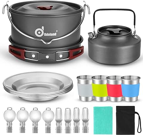 Odoland Utensilios Cocina Camping con Olla, Sartén, Hervidor de Camping, Plato, Tazas de Acero Inoxidable y Cubiertos Plegables, Kit de Cocina para Cocinar al Aire Libre  