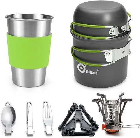 Odoland Utensilios Cocina Camping Kit con Ollas Camping y Sartén de Aluminio, Estufa Trekking, Taza de Acero Inoxidable, Cubiertos Plegable - Cacerolas de Acampada de Camping y Viaje  