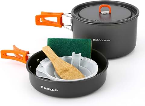 Odoland Utensilios de Cocina para Camping para 1-3 Personas, Ollas de Camping y Sartén, para Camping Senderismo Excursiones Cocina Outdoor y Picnics, L Olla 2.9L+ Sartén 0.9L  