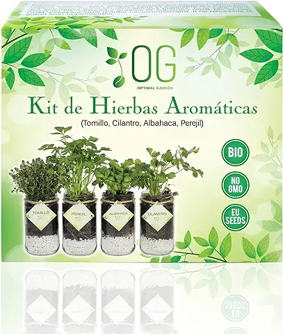 OG Kit Huerto Urbano - Plantas Aromáticas y Culinarias (Tomillo, Cilantro, Albahaca y Perejil) - Semillas Bio - No GMO - Hecho en España. Kit Completo para Cultivar Fácilmente tus Hierbas Frescas  