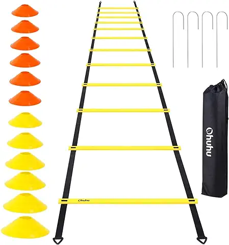 Ohuhu Juego de Entrenamiento Escalera de 12 Peldaños con 12 Conos de Campo y 4 Clavos. Ideal para Juego de pies para Ejercicios de Fútbol  