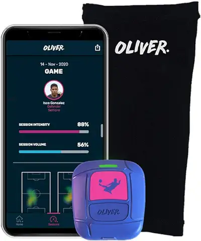 Oliver OLI GPS Fútbol Tracker-Cubre Espinillera-App iOS y Android para Jugar Mejor y Prevenir Lesiones, Adultos Unisex, Azul, Pequeño  