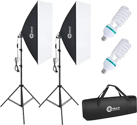 OMBAR Kit Iluminacion Fotografia con 2 Softbox de Nailon 50×70cm y 2 Bombillas de 135W 5500K E27 y 1 Bolsa de Transporte, para Videos de Retrato de Estudio, Luz para Estudio Fotográfico Profesional  