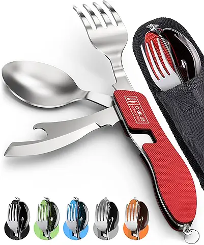 Orblue Paquete de 2 Utensilios de Camping 4 en 1 – Cuchara Portátil de Acero Inoxidable para Camping, Tenedor, Cuchillo y Abridor de Latas/botellas – Utensilios de Embalaje con Funda (Rojo)  