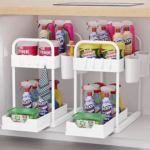 Organizador bajo Fregadero 2 Niveles, Deslizable Organizador Cocina, Extraíble Estante Almacenamiento Debajo Fregadero con 8 Ganchos y 4 Cesta Colgante para Cajones, Cocina, Baño 2 Paquete  