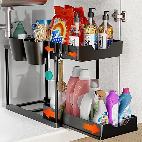 Organizador Bajo Fregadero Deslizable 2 Niveles, Estante Organizador Cocina de Gran Capacidad con 2 Cesta Colgante, 4 Ganchos, Almacenaje Debajo Fregadero Multiusos para Cocina, Baño, Dormitorio-Negro  