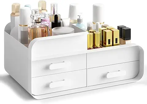 Organizador de Maquillaje con Cajones, Caja Guardar Cosmeticos Organizador Maquillaje, Plastico Caja Almacenamiento de Cosméticos Brochas Perfumes Joyas Accesorios para Cómoda Tocador Baño, Blanco  