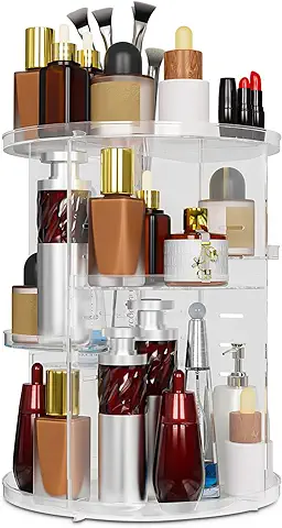 Organizador de Maquillaje Giratorio 360°, Makeup Organizer, Multifuncional y Ajustable, Organizador Maquillaje de Cosméticos y Perfumes para Tocador, Dormitorio, Baño, Gran Capacidad, Transparente  