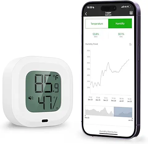 ORIA Termómetro Higrómetro Digital, Bluetooth Sensor de Humedad de Temperatura con Pantalla LCD, Termometro Inalámbrica con Alerta de Alarma, Soporte Android y IPhone para Hogar, Oficina  