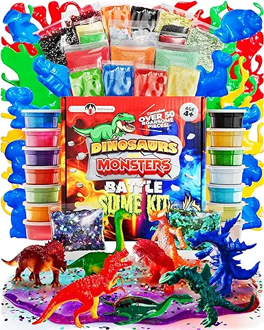 Original Stationery Kit de Slime Ya Hecho Batalla de Dinosaurios y Monstruos, Set de Slime con 14 Slimes Prefabricados para Niños, Moldes Divertidos de Dinosaurios de Juguete  