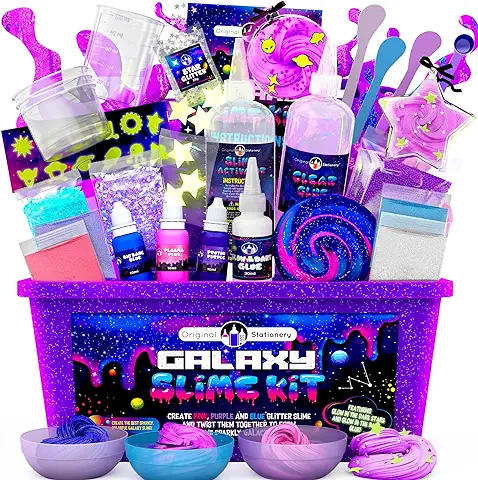 Original Stationery Kit Galaxy Slime, con Pegamento y Estrellas Que Brillan en la Oscuridad para Hacer Slime Brillante y Galáctico! Regalos Niños  