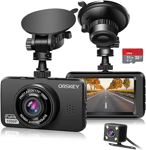 ORSKEY Cámara de Coche Delantera y Trasera, Tarjeta 32GB SD Incluida Dashcam de Doble Lente 1080P Full HD para Coches de 170º Gran Angular con Grabación en Bucle y Sensor G  