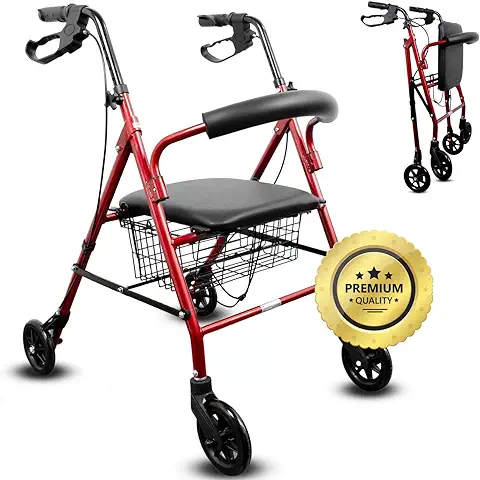 OrtoPrime Andador para Ancianos ROLLATOR de 4 Ruedas Plegable con Frenos de Maneta - Andadores Adultos Andador Ortopedia Rollator 4 Ruedas Caminadores para Mayores - Andador con ASIENTO y CESTA  