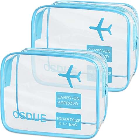 OSDUE Bolsa de Aseo Transparente, Bolsa de Cosméticos de PVC, 2 Bolsas de Avión Transparentes, Bolsa de Cosméticos, Bolsa de Aseo Portátil para Líquidos, para Viajes, Baño (Azul)  