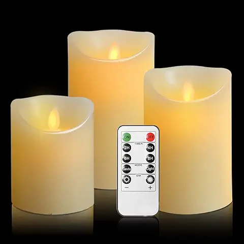 OSHINE - Velas sin Llama, Juego de 3 Pilares de Cera Real sin Goteo con LED de Baile Realistas y Control Remoto de 10 Teclas con Función Temporizador, Marfil  