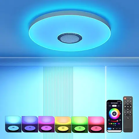 OTREN Plafon Led Techo con Altavoz Bluetooth, 36W Lámpara de Techo Regulable con Mando a Distancia y Control APP, RGB Luz LED para Baño Dormitorio, 3600LM, 28CM  