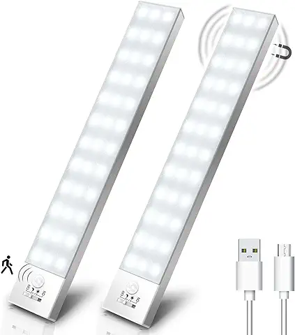 OUILA Luz LED Armario Magnética con Sensor Movimiento 36 LEDs 4 Modos Luz LED Adhesiva USB Recargable 1000mAh Luz Nocturna para Escaleras, Armario, Pasillo, Cocina, Garaje-2 Packs  