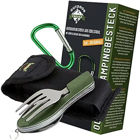 OUTDOOR FREAKZ Cubiertos para Cámping Plegable - Vajilla de Exteriores de Acero Inoxidable con Bolsa de Neopreno  