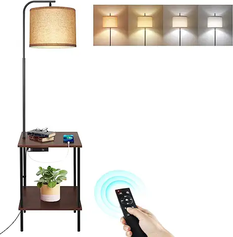 OUTON Lámpara de pie Regulable con Mesa, 2 Puertos USB, Lampara de pie con Control Remoto, Mesa Final con Lámpara para Salon, Mesita de Noche y luz de Lectura LED para Dormitorio, Marrón  