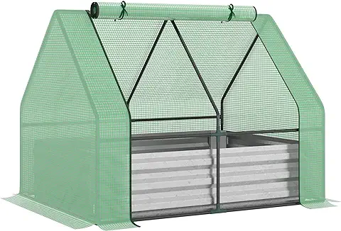 Outsunny Huerto Urbano con Invernadero 127x95x92 cm Tipo Caseta con Arriate de Acero Interior Ventana Enrollable y Cubierta de PE 140 G/m² para Cultivos Plantas Flores Verde  