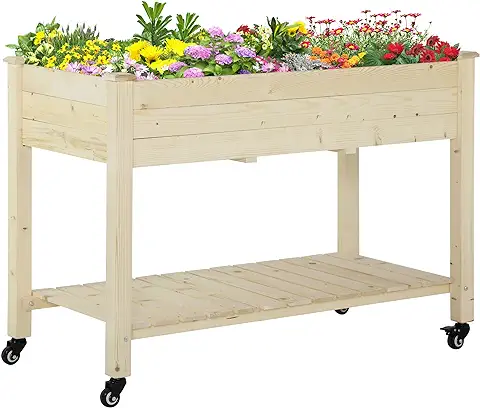 Outsunny Huerto Urbano Mesa de Cultivo 118x55x83 cm Elevado de Madera con Estante Tela Geotextil Ruedas con Frenos Portátil para Cultivo en Jardín Terraza Color Natural  