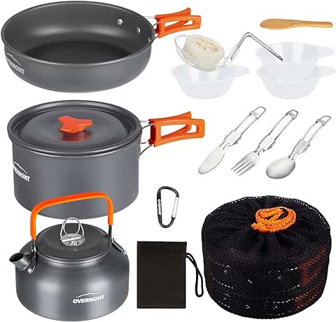 OVERMONT 14Pcs Kit de Utensilios Cocina Camping Olla Sartén Tetera Vajilla para Acampada Senderismo Excursión al Aire Llibre de Aluminio  