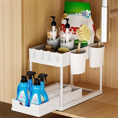 Owelth Organizador Bajo Fregadero 2 Niveles, Deslizante, Debajo, Under Sink Organizer con 4 Ganchos y 2 Cesta Colgante, Estanteria Cajon Extraíble para Cocina Baño,Blanco  