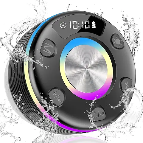 OYIB Altavoz Ducha, Altavoz Bluetooth Ducha Estéreo con Luz Colorida RGB, 8 Horas de Tiempo de Reproducción con Ventosa, IPX7 Impermeable Altavoz Portatil, Adecuado para Baño, Exterior, Hogar, Negro  