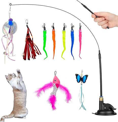 Oziral 10 Piezas Juguetes para Gatos, Juguetes Interactivos para Gatos, Varita para Gatos con Campana y Ventosa, Juguetes Intercambiables para Gatos con Pluma  