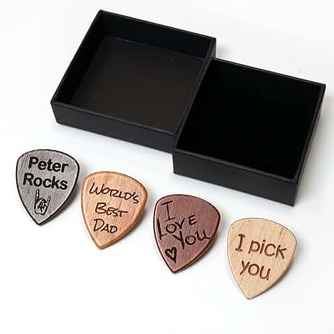 Púa de Guitarra Personalizada de Madera + caja de Regalo | Diseñe un Regalo Realmente único | Grabado con Láser (Chacate Negro)  