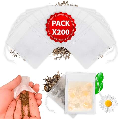 [Pack X200] Bolsas de Filtro de Té Desechables con Cordón, Bolsas Vacías de Filtro de Té para Té Suelto, (7 x 9 cm)  