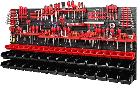 PAFEN Estantería de Pared | 1728 x 780 mm | Sistema de Almacenamiento con Soportes para Herramientas y Cajas Apilables - Placas de Pared Extra Fuertes Estante Vertedor (Rojo/Negro)  