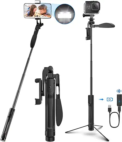 Palo Selfie Trípode, Selfie Stick Bluetooth Móvil Aluminio 4-EN-1 Giratorio 360 ° con Mango Balance de Video + Control Remoto + Luz LED para Gopro, Teléfono Inteligente Menos de 6.8 Pulgadas  