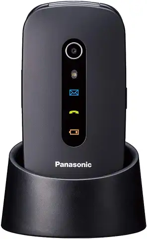 Panasonic KX-TU466EXBE - Teléfono Móvil para Mayores (Pantalla Color 2.4", Botón SOS, Base Carga, Compatibilidad Audífonos, Resistente Golpes, Batería Larga Duración, Bluetooth, GPS, Cámara) Negro  