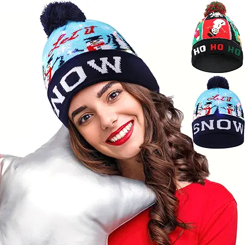 Paquete de 2 Gorros Navideños para Niños, Mujeres y Hombres, Ammie Gorro de Punto con luz, Gorro Cálido de Navidad, Gorro Colorido con Luces LED con 6 Luces de Colores, Gorro Navideño con Luces  