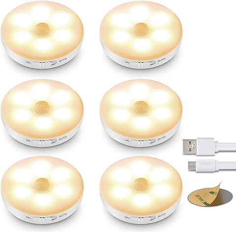 Paquete de 6 Luces LED con Sensor de Movimiento para Interiores, Recargable, Funciona con Pilas, con Cable USB, luz Adhesiva 3M para Debajo de Armario, Armario, Inodoro, Cocina, Color Blanco  