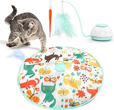 Pawaboo Juguete Interactivo para Gatos, Juguete de Pluma para Gatitos, 2 en 1 Juguete Eléctrico de ABS en Diseño de Placa Giratoria, para el Entretenimiento para Felinos, Carga USB - Verde  