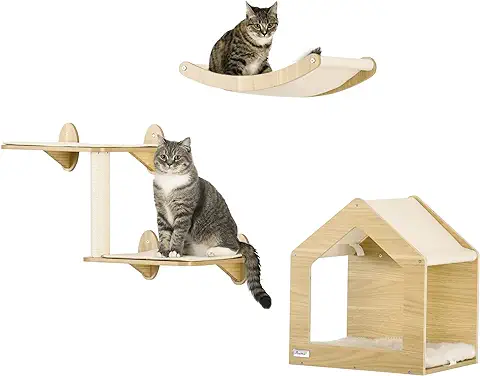 PawHut Estantes para Gatos de Pared 3 Piezas Juego de Estantes Escalada para Gatos con Caseta Hamaca Plataformas y Poste de Sisal Roble  