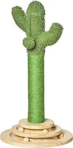PawHut Poste Rascador para Gatos en Forma de Cactus Pequeño Árbol Rascador para Gatos con Poste de Sisal y Felpa Pelota Colgante y Base con Juego de Madera 32x32x60 cm Verde  