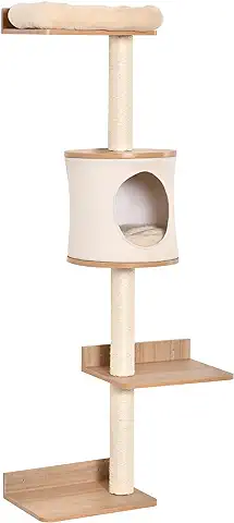 PawHut Árbol para Gatos de Pared 38x30x149 cm con Múltiples Plataformas de Madera Cueva Cama Superior Cojín Extraíble Postes Rascadores de Sisal Torre para Escalar Beige y Roble  