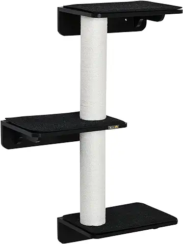 PawHut Árbol para Gatos de Pared con 3 Plataformas Cojín Extraíble y 2 Postes Rascadores de Sisal Torre para Escalar 63x28x93,5 cm Negro y Blanco  