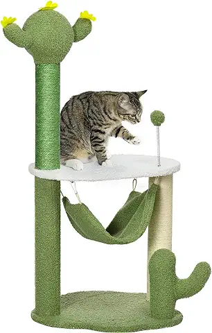 PawHut Árbol Rascador para Gatos con Forma de Cactus Altura 90 cm Torre para Gatos con Hamaca Plataforma Postes de Sisal y Bola Divertida 45x45x90 cm Verde  