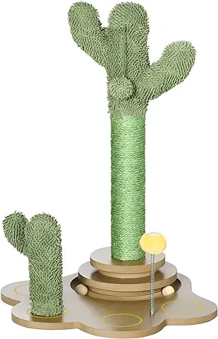 PawHut Árbol Rascador para Gatos Pequeños con Postes de Cactus Altura 60 cm Torre para Gatos de Chenilla con Juguetes de Pelotas 46x43x60 cm Verde  