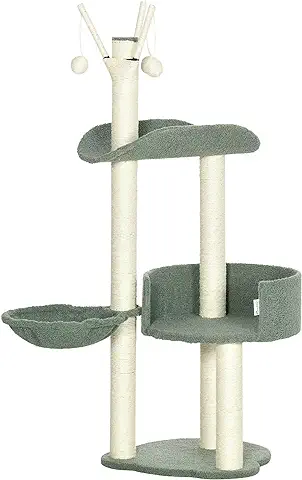 PawHut Árbol Rascador para Gatos Torre para Gatos Altura 123 cm con Hamaca Camas Postes de Sisal y Bolas de Juego 44x43x123 cm Verde y Crema  