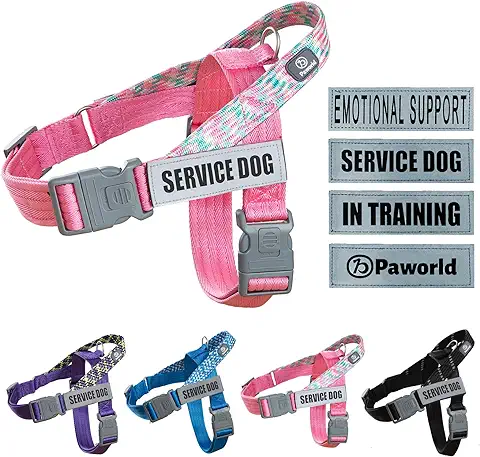 Paworld Arnés Perro de Servicio, Arnes para Perros, 4pcs Parches Reflectantes, Arnes Perro Ajustable con Asa, Arnés de Servicio para Perro para Entrenamiento y Equipo de Correr (Rosa, XS)  