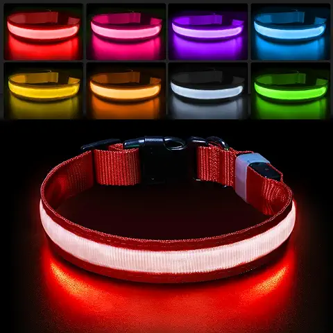 PcEoTllar Collar Luminoso Perro Recargable, Collar LED Perro Luz Impermeable y 7 Colores, Ajustable Iluminación Collares LED para Perros Pequeño Mediano Grande de Mascota, Rojo-M  