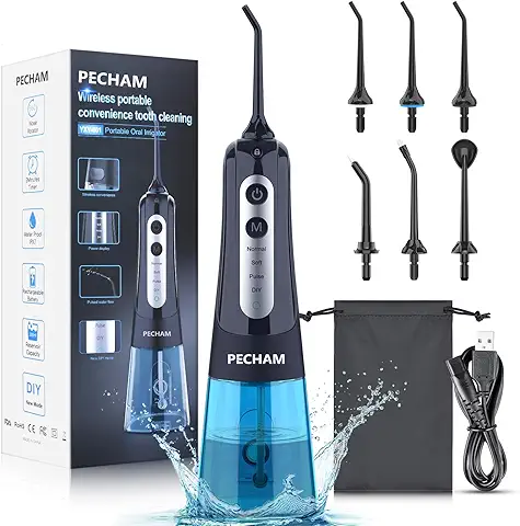 PECHAM Irrigadores Bucales, Irrigador Dental Inalámbrico Portátil con 4 Boquillas 4 Modos 300 ML, IPX7 Impermeable, Recargable para Limpieza Dental, Irrigador Bucal Electrico  