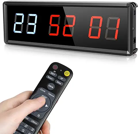 PELLOR Temporizador de Gimnasio Sports Timeter, 1.5" Temporizador Intervalos Fitness LED Programable con Cronómetro,Brillo Ajustable, Reloj de Entrenamiento con Control Remoto para Casa Garaje Externo  